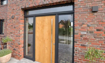 Moderne Haustür aus Holz mit Glasfront in Backsteinfassade, Eingangstür